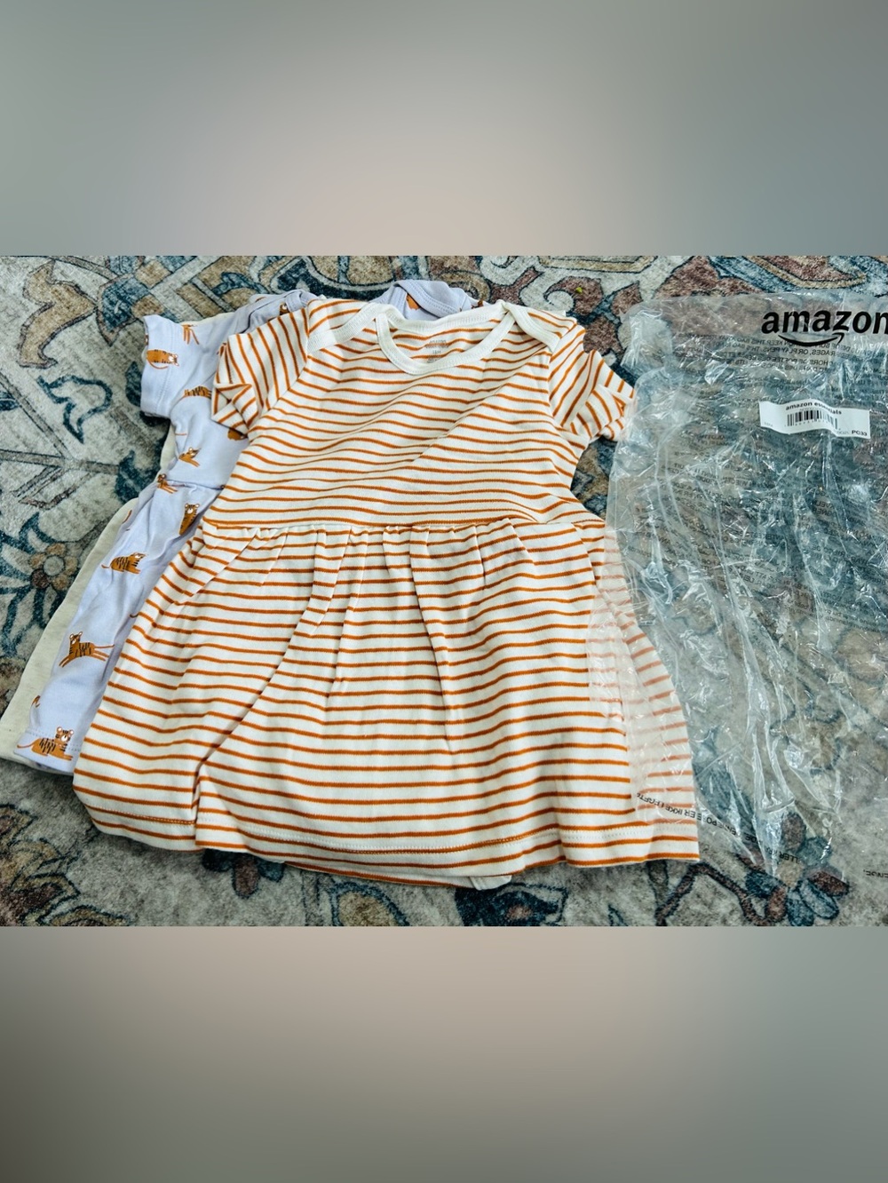 NEW Set of 3 Amazon Essentials Girls 18M skirted onesies( Striped, Tiger, Cream)